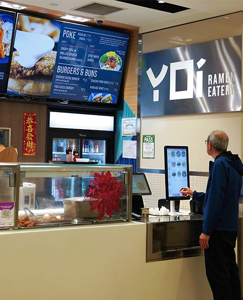 Self-serve kiosk at food hall restaurant